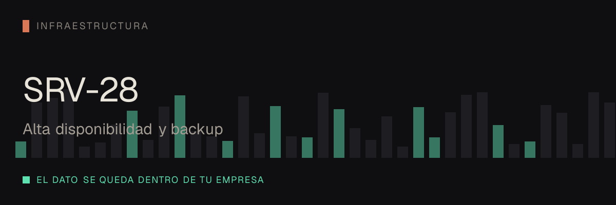 Alta disponibilidad y backup — servicio SRV-28 de serviciosia, nivel de infraestructura: el dato se queda dentro de tu empresa.