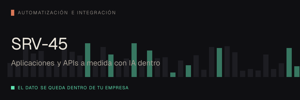 Aplicaciones y APIs a medida con IA dentro — servicio SRV-45 de serviciosia, nivel de automatización e integración: el dato se queda dentro de tu empresa.