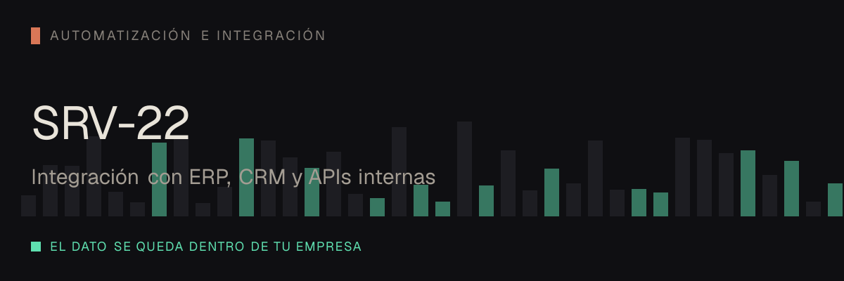 Integración con ERP, CRM y APIs internas — servicio SRV-22 de serviciosia, nivel de automatización e integración: el dato se queda dentro de tu empresa.
