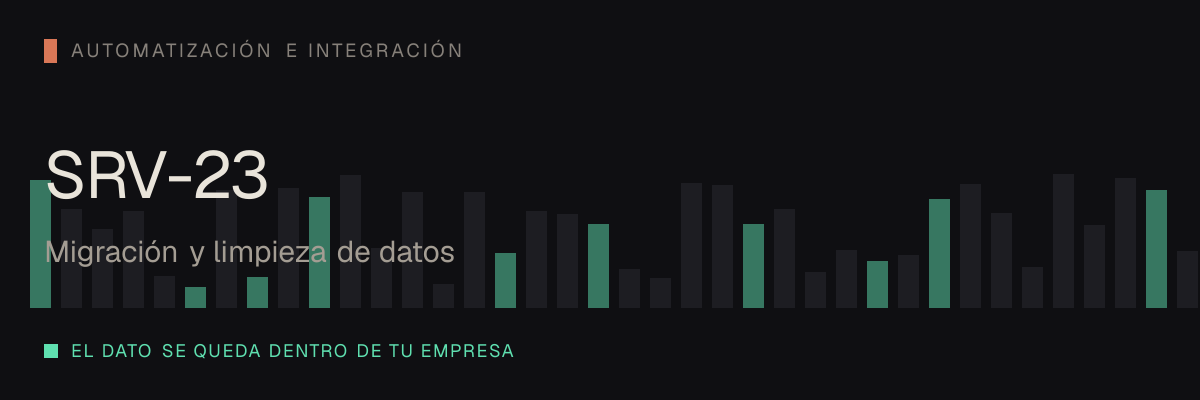 Migración y limpieza de datos — servicio SRV-23 de serviciosia, nivel de automatización e integración: el dato se queda dentro de tu empresa.